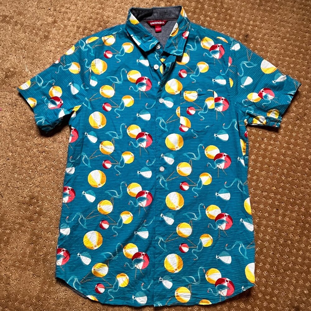 Unionbay Hawaiian Shirt Beach Balls Flamingos Button Up Size Small Beachy Vibe